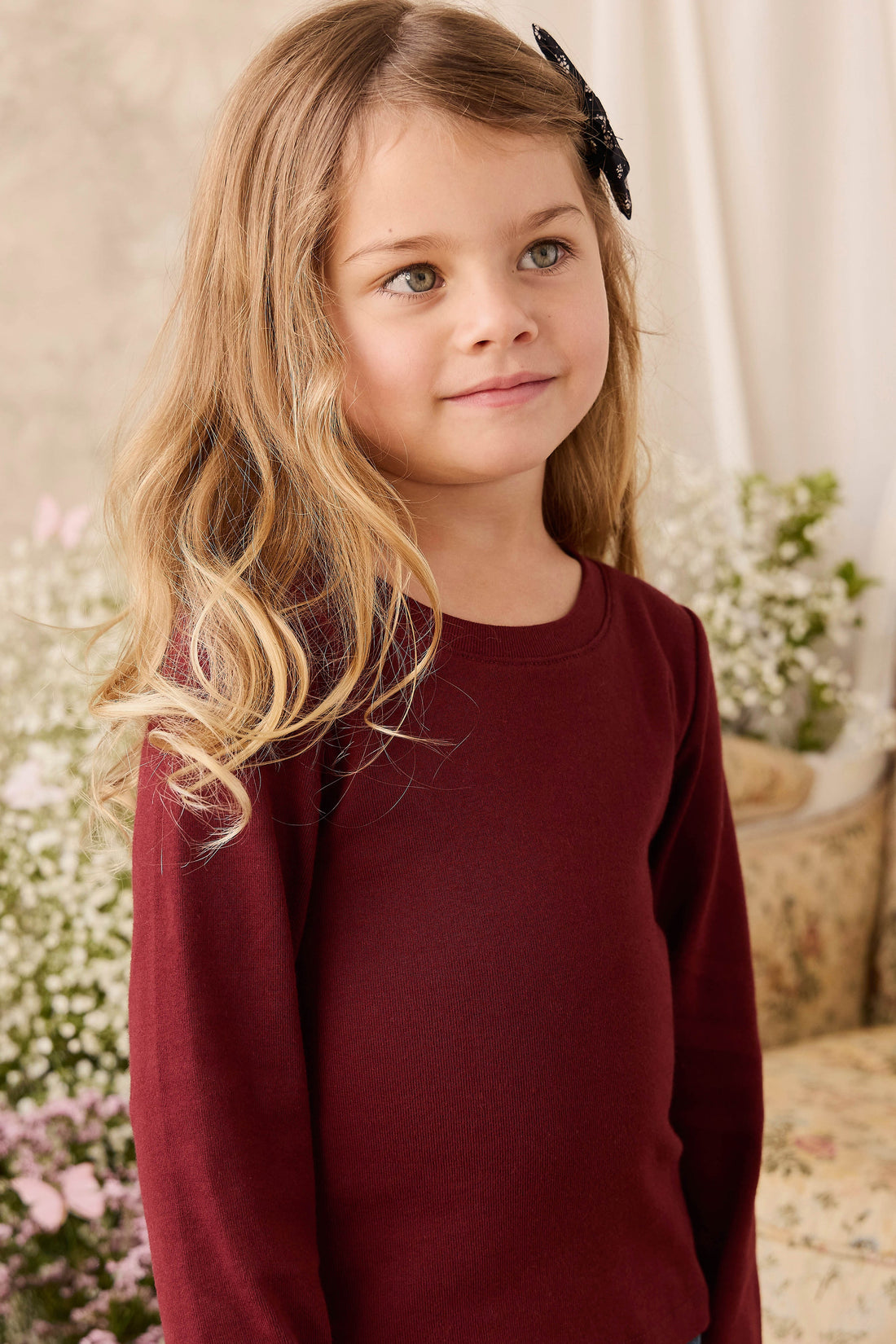 Organic Cotton Rib Helene Long Sleeve Top - Burgundy Childrens Top from Jamie Kay USA