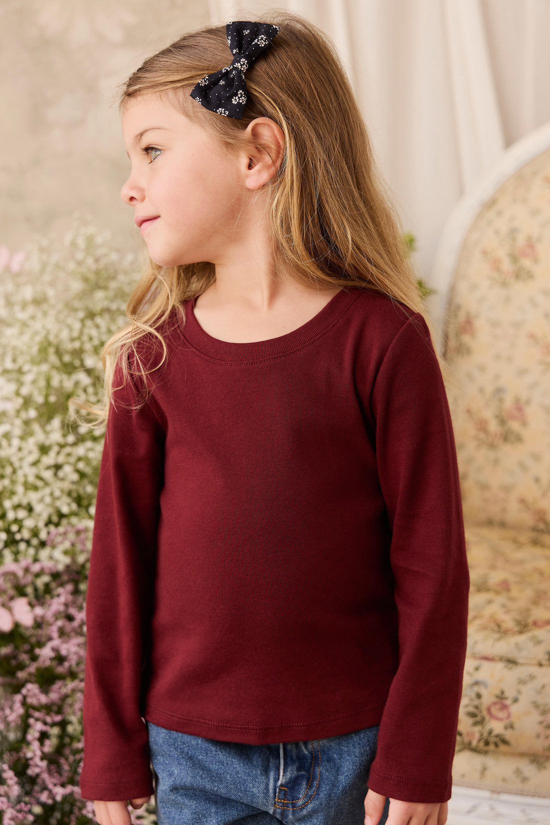 Organic Cotton Rib Helene Long Sleeve Top - Burgundy Childrens Top from Jamie Kay USA