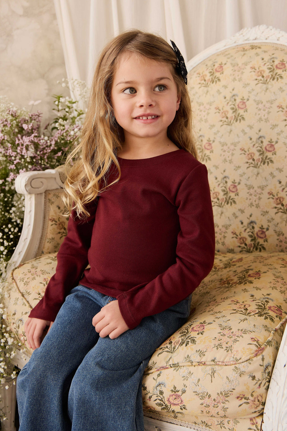 Organic Cotton Rib Helene Long Sleeve Top - Burgundy Childrens Top from Jamie Kay USA