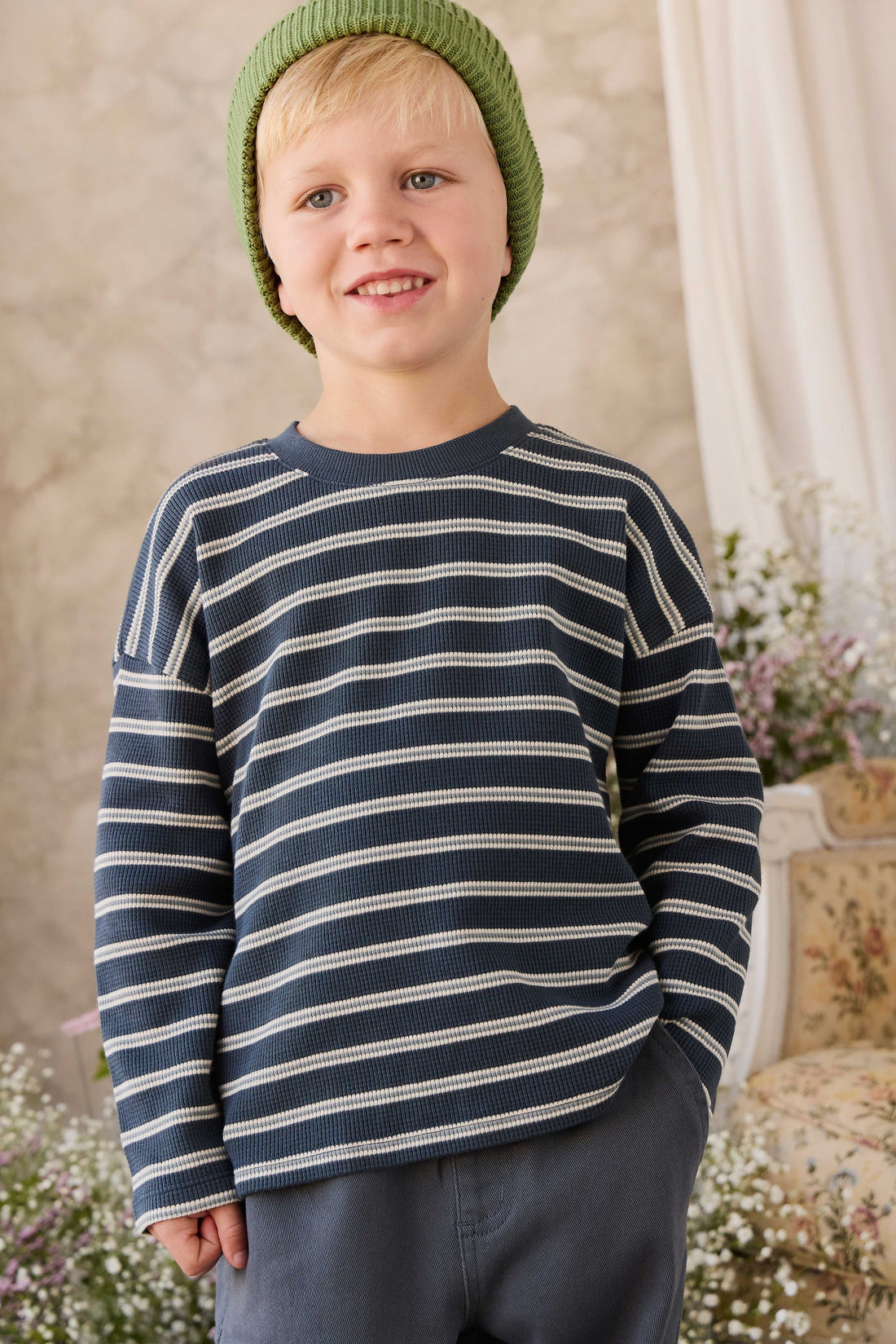 Organic Cotton Waffle Leith Long Sleeve Top - Dreamer Stripe Captain Childrens Top from Jamie Kay USA