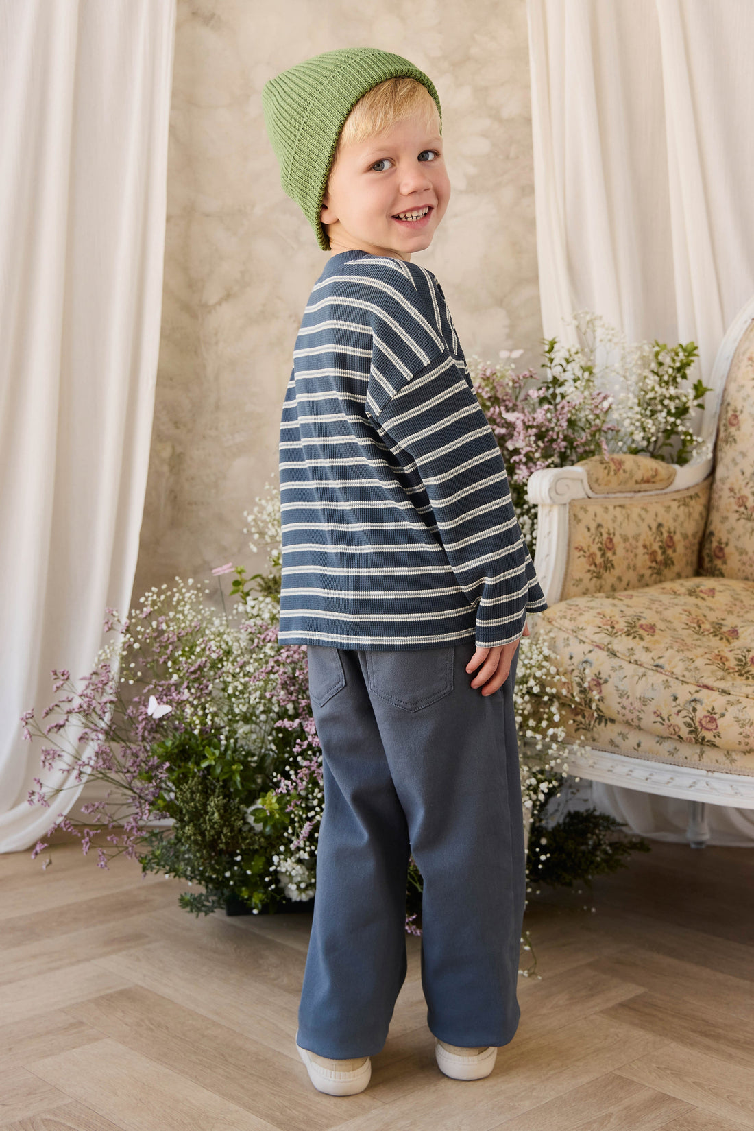 Organic Cotton Waffle Leith Long Sleeve Top - Dreamer Stripe Captain Childrens Top from Jamie Kay USA