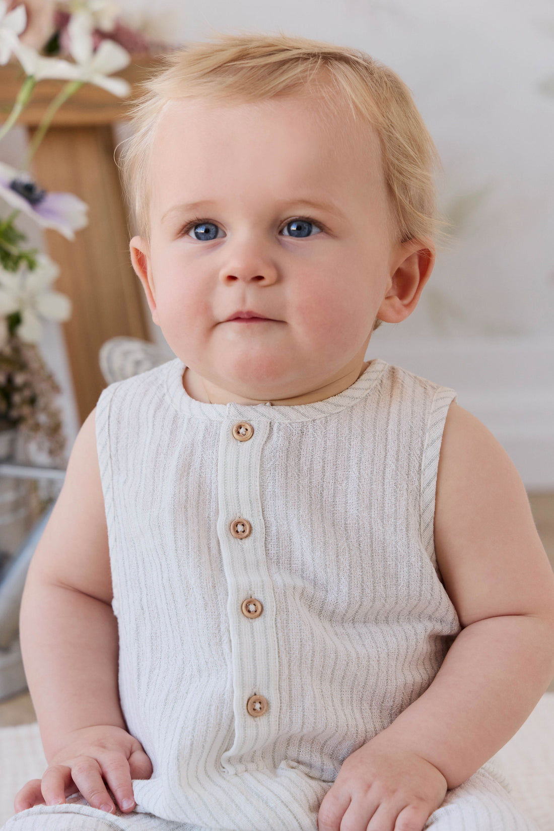 Organic Cotton Milo Jumpsuit - Mini Pinstripe Cloud / Duck Egg Blue Childrens Jumpsuit from Jamie Kay USA