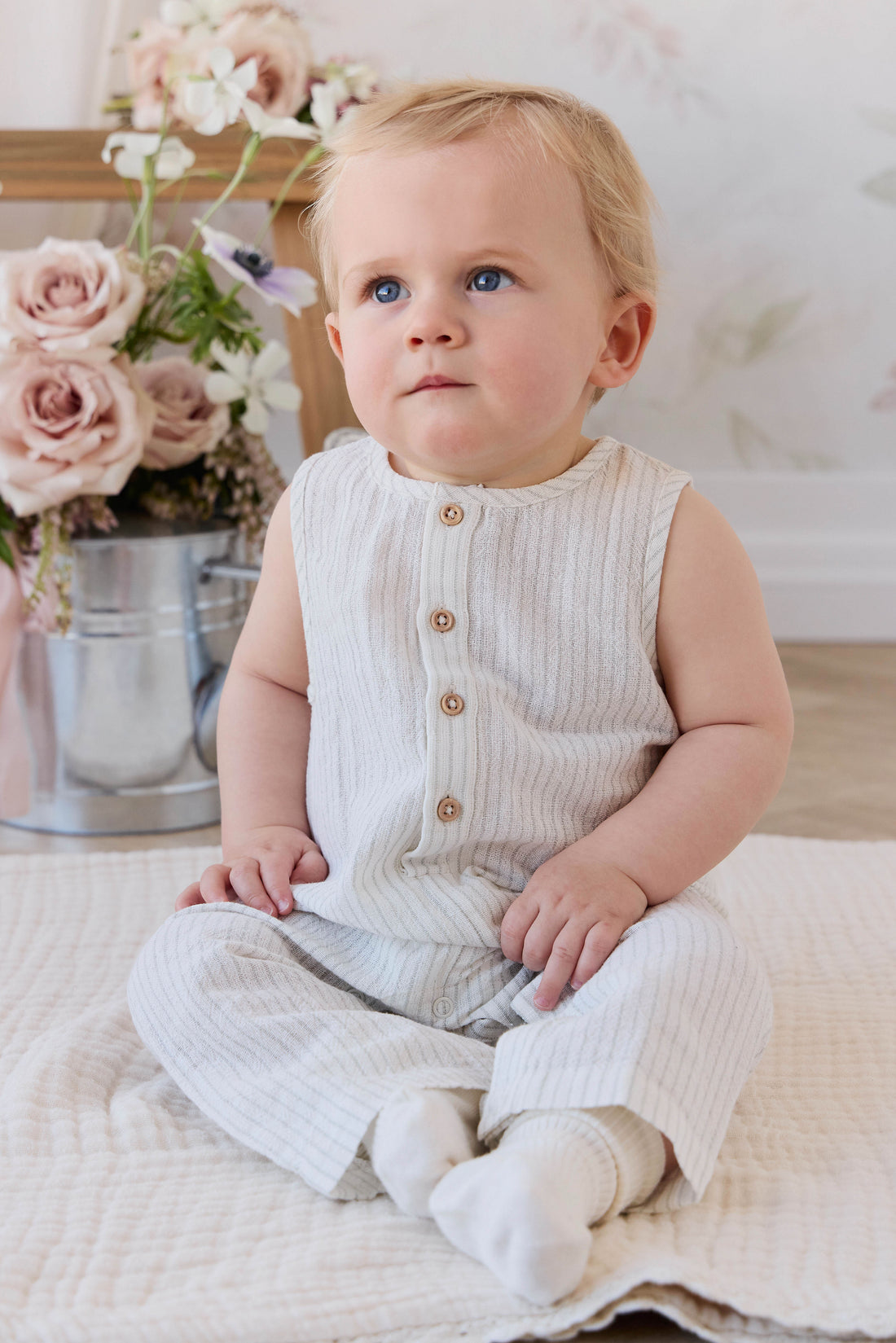Organic Cotton Milo Jumpsuit - Mini Pinstripe Cloud / Duck Egg Blue Childrens Jumpsuit from Jamie Kay USA