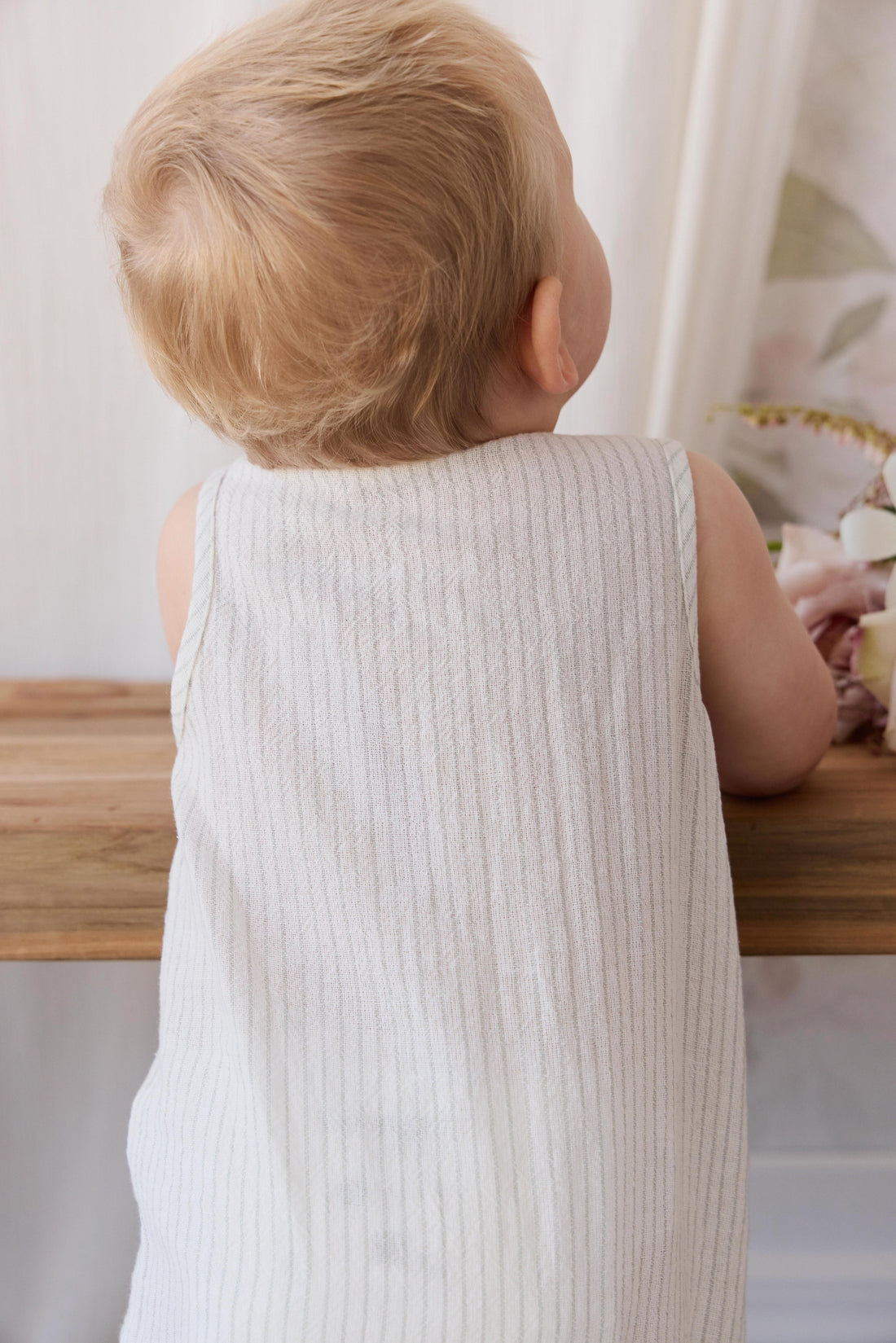 Organic Cotton Milo Jumpsuit - Mini Pinstripe Cloud / Duck Egg Blue Childrens Jumpsuit from Jamie Kay USA