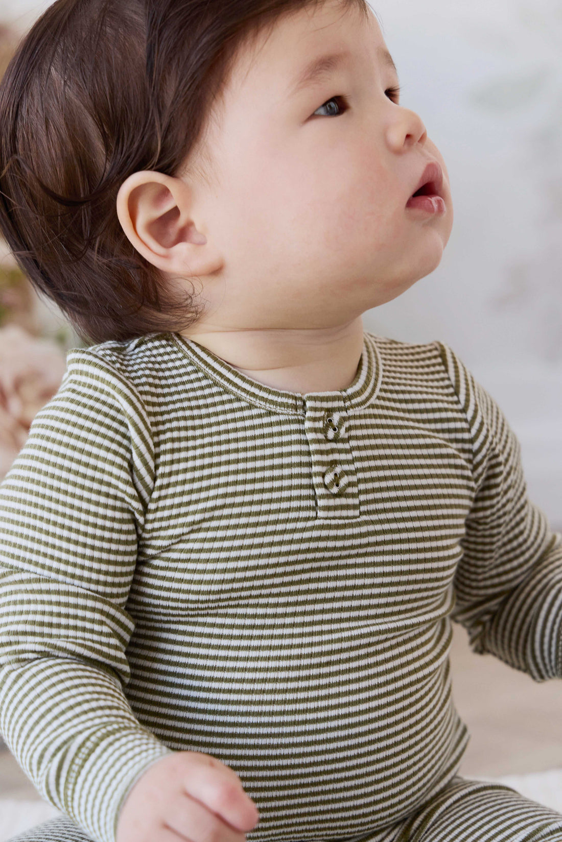 Organic Cotton Modal Long Sleeve Bodysuit - Petite Stripe Avocado Oil / Cloud Childrens Bodysuit from Jamie Kay USA