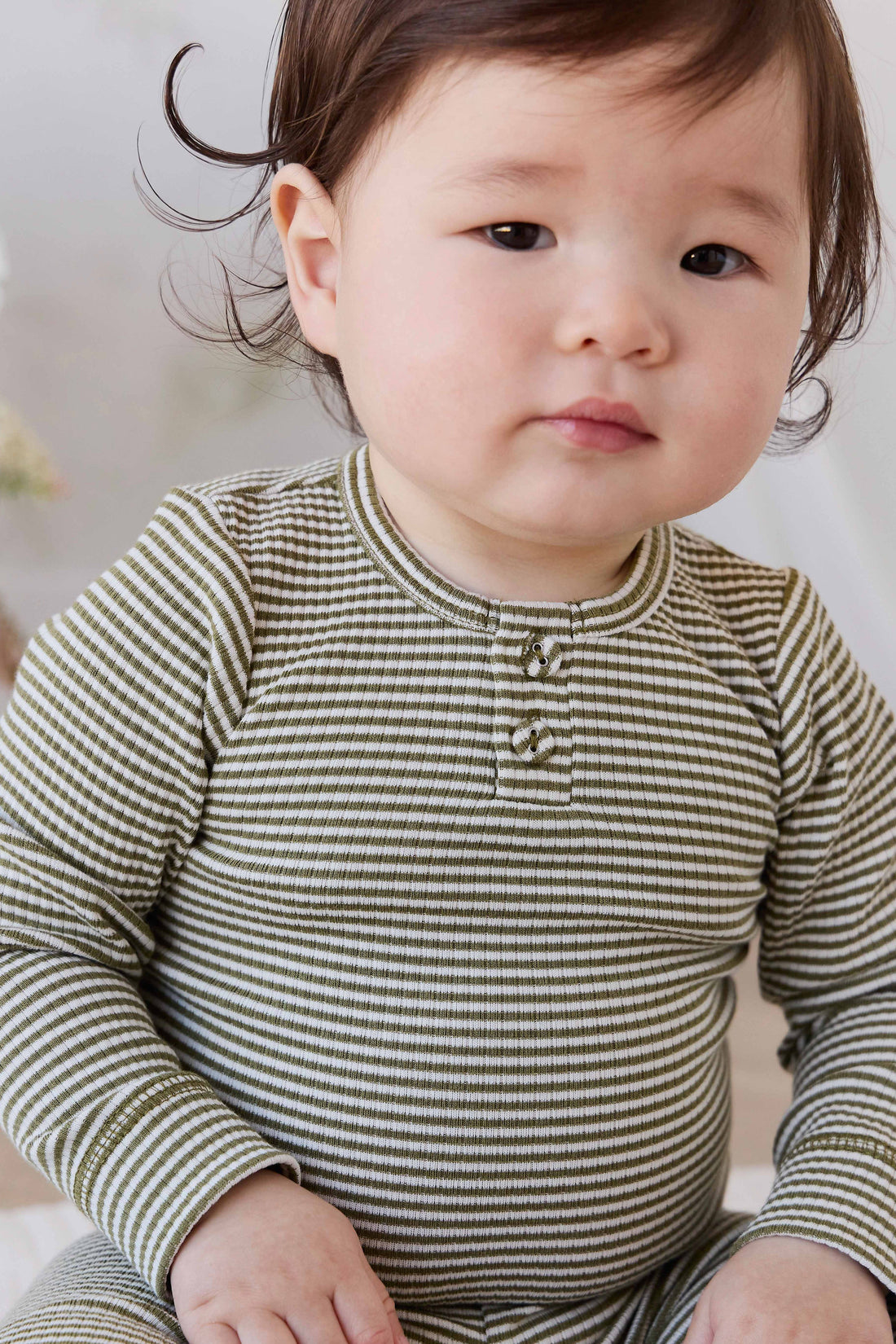 Organic Cotton Modal Long Sleeve Bodysuit - Petite Stripe Avocado Oil / Cloud Childrens Bodysuit from Jamie Kay USA
