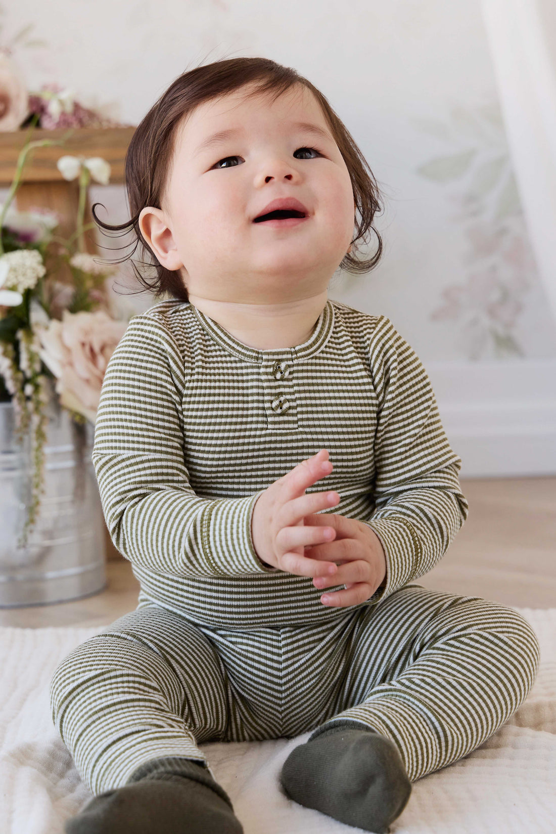 Organic Cotton Modal Legging - Petite Stripe Avocado Oil / Cloud Childrens Legging from Jamie Kay USA