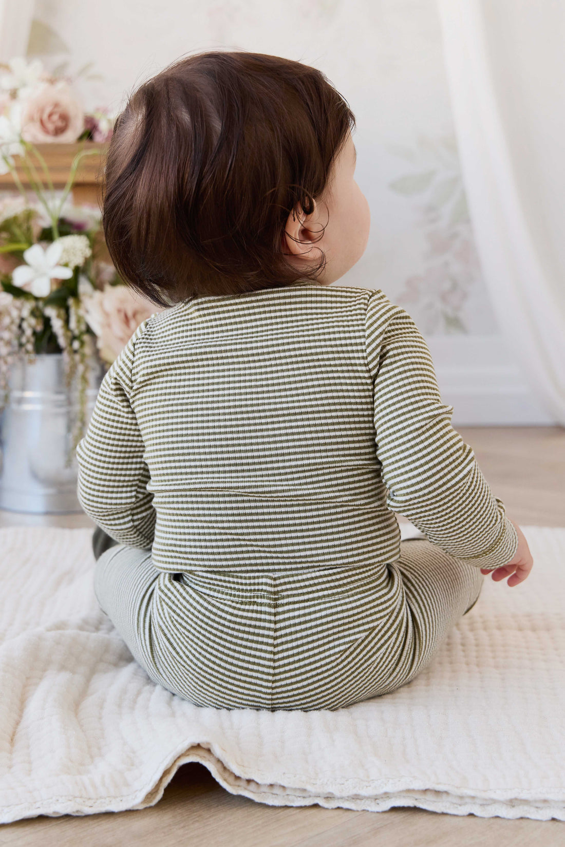 Organic Cotton Modal Long Sleeve Bodysuit - Petite Stripe Avocado Oil / Cloud Childrens Bodysuit from Jamie Kay USA