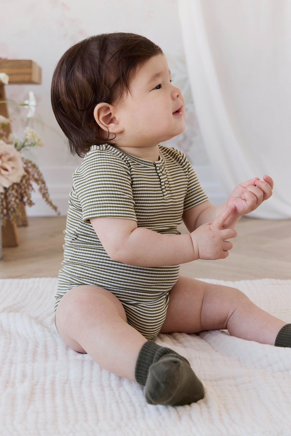 Organic Cotton Modal Darcy Rib Tee Bodysuit - Petite Stripe Avocado Oil / Cloud Childrens Bodysuit from Jamie Kay USA