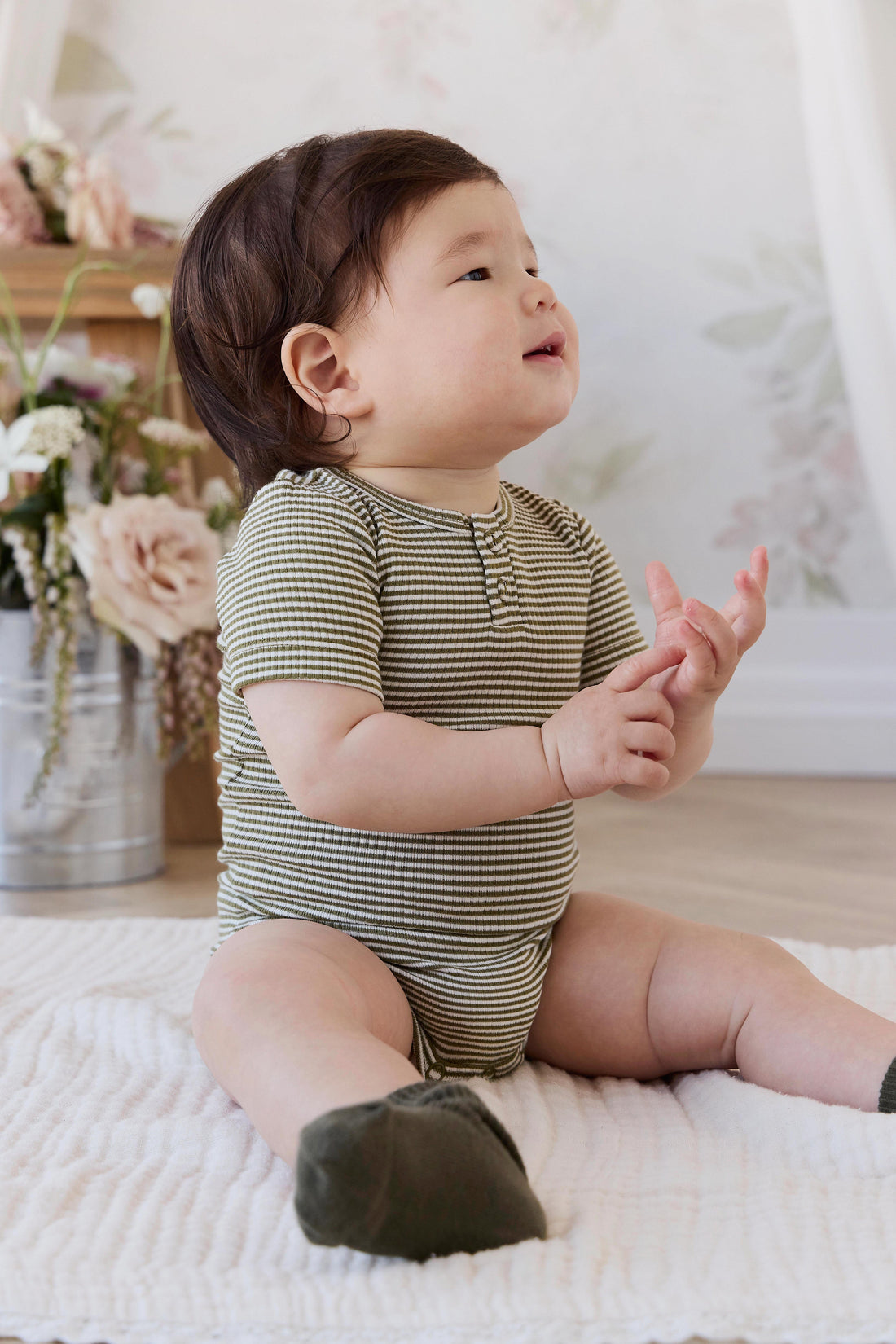 Organic Cotton Modal Darcy Rib Tee Bodysuit - Petite Stripe Avocado Oil / Cloud Childrens Bodysuit from Jamie Kay USA