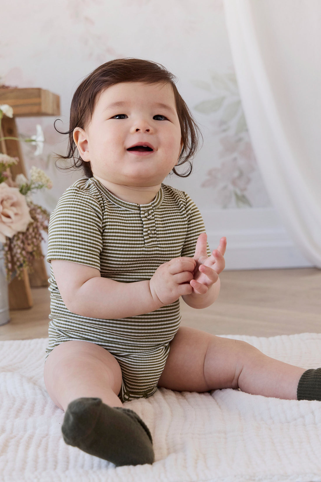Organic Cotton Modal Darcy Rib Tee Bodysuit - Petite Stripe Avocado Oil / Cloud Childrens Bodysuit from Jamie Kay USA