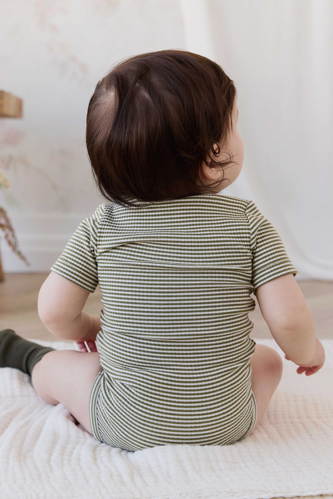 Organic Cotton Modal Darcy Rib Tee Bodysuit - Petite Stripe Avocado Oil / Cloud Childrens Bodysuit from Jamie Kay USA