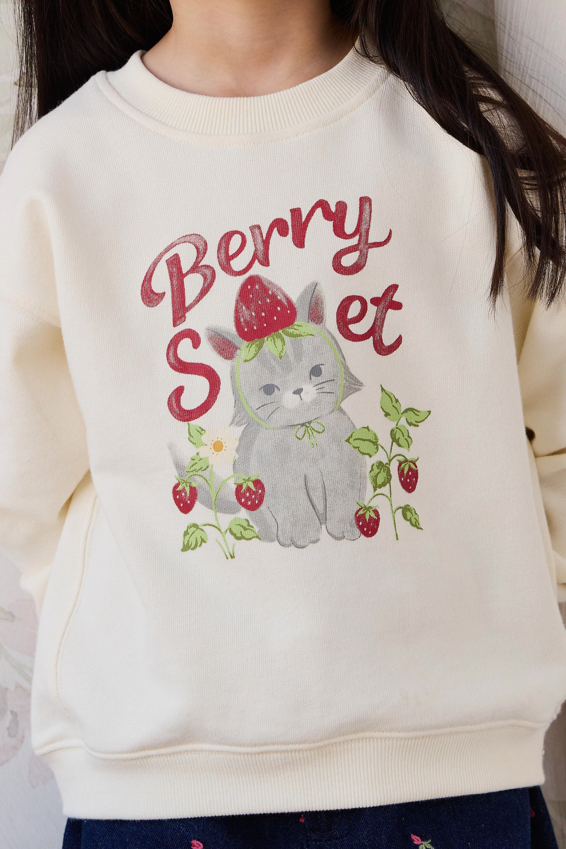 Organic Cotton Rhea Sweatshirt - Berry Cat Egret Childrens Sweatshirt from Jamie Kay USA