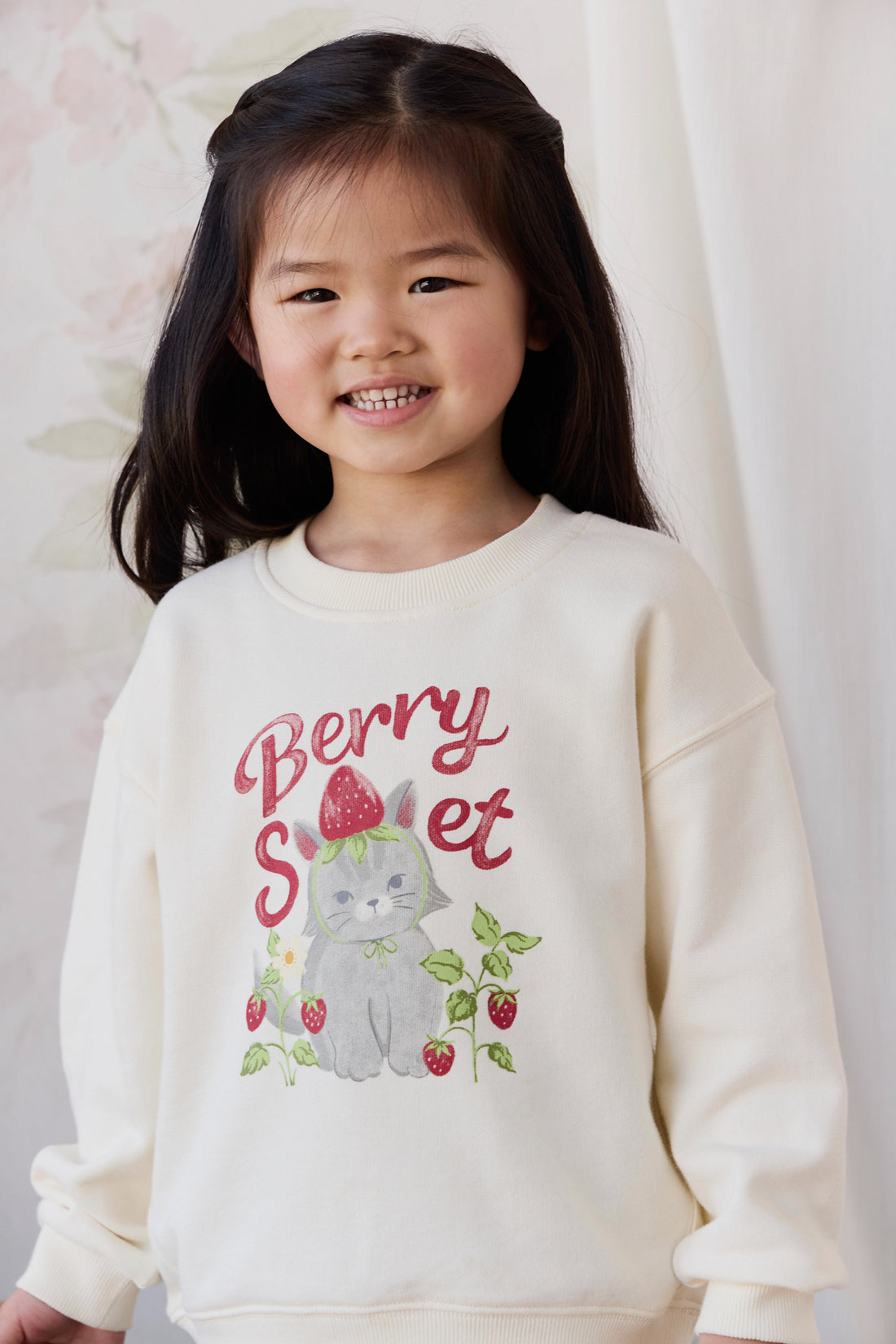 Organic Cotton Rhea Sweatshirt - Berry Cat Egret Childrens Sweatshirt from Jamie Kay USA