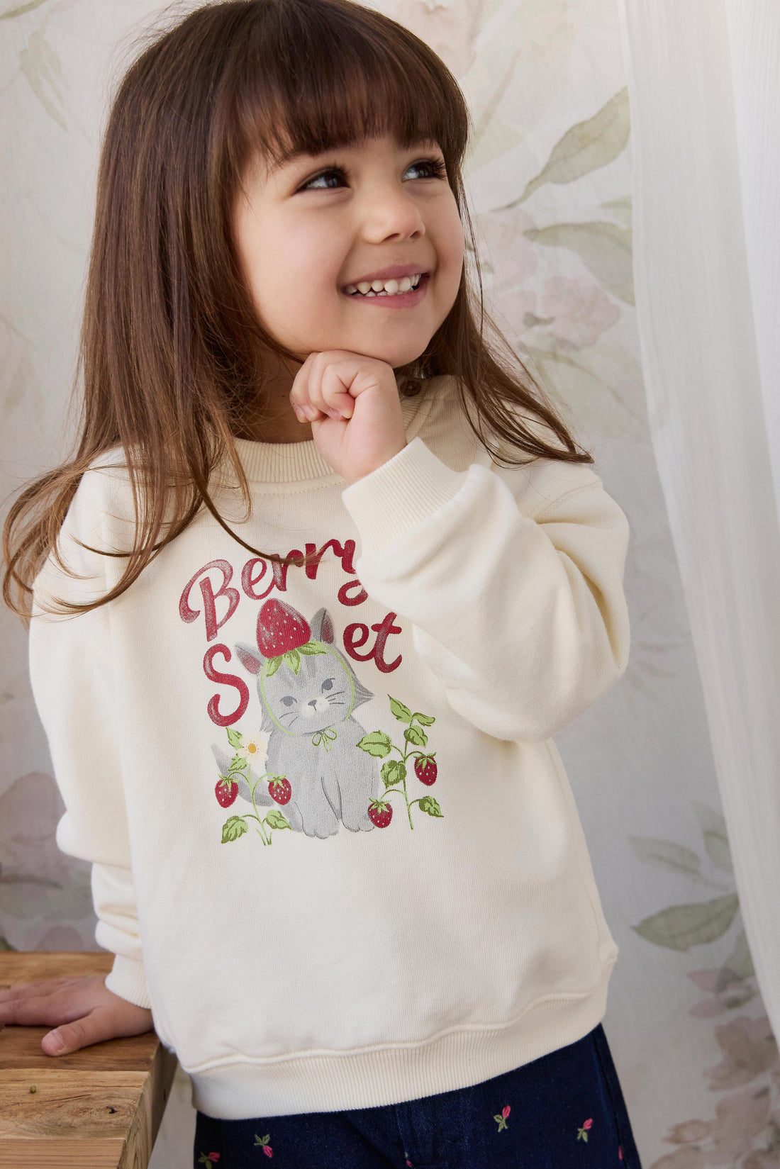 Organic Cotton Rhea Sweatshirt - Berry Cat Egret Childrens Sweatshirt from Jamie Kay USA
