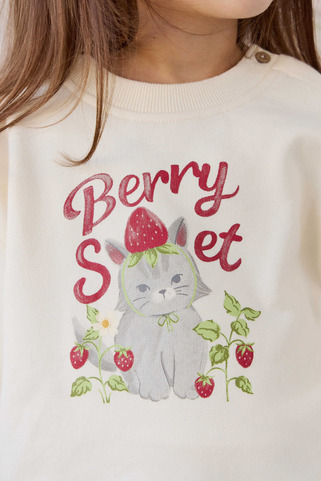 Organic Cotton Rhea Sweatshirt - Berry Cat Egret Childrens Sweatshirt from Jamie Kay USA