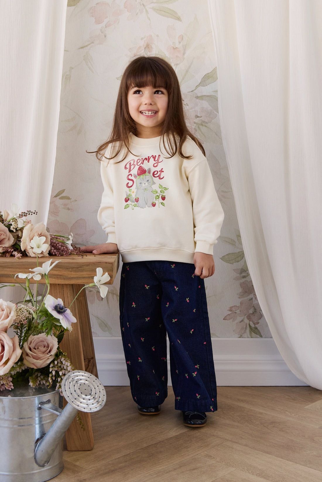Organic Cotton Rhea Sweatshirt - Berry Cat Egret Childrens Sweatshirt from Jamie Kay USA