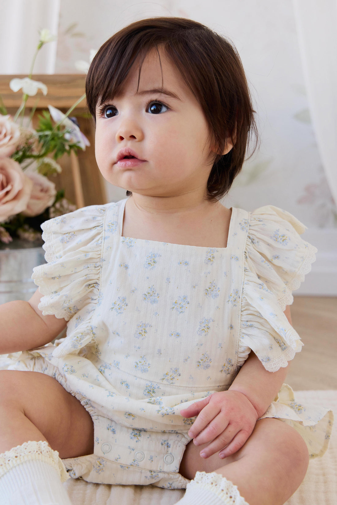 Organic Cotton Elka Playsuit - Justine Vanilla Sky Childrens Playsuit from Jamie Kay USA