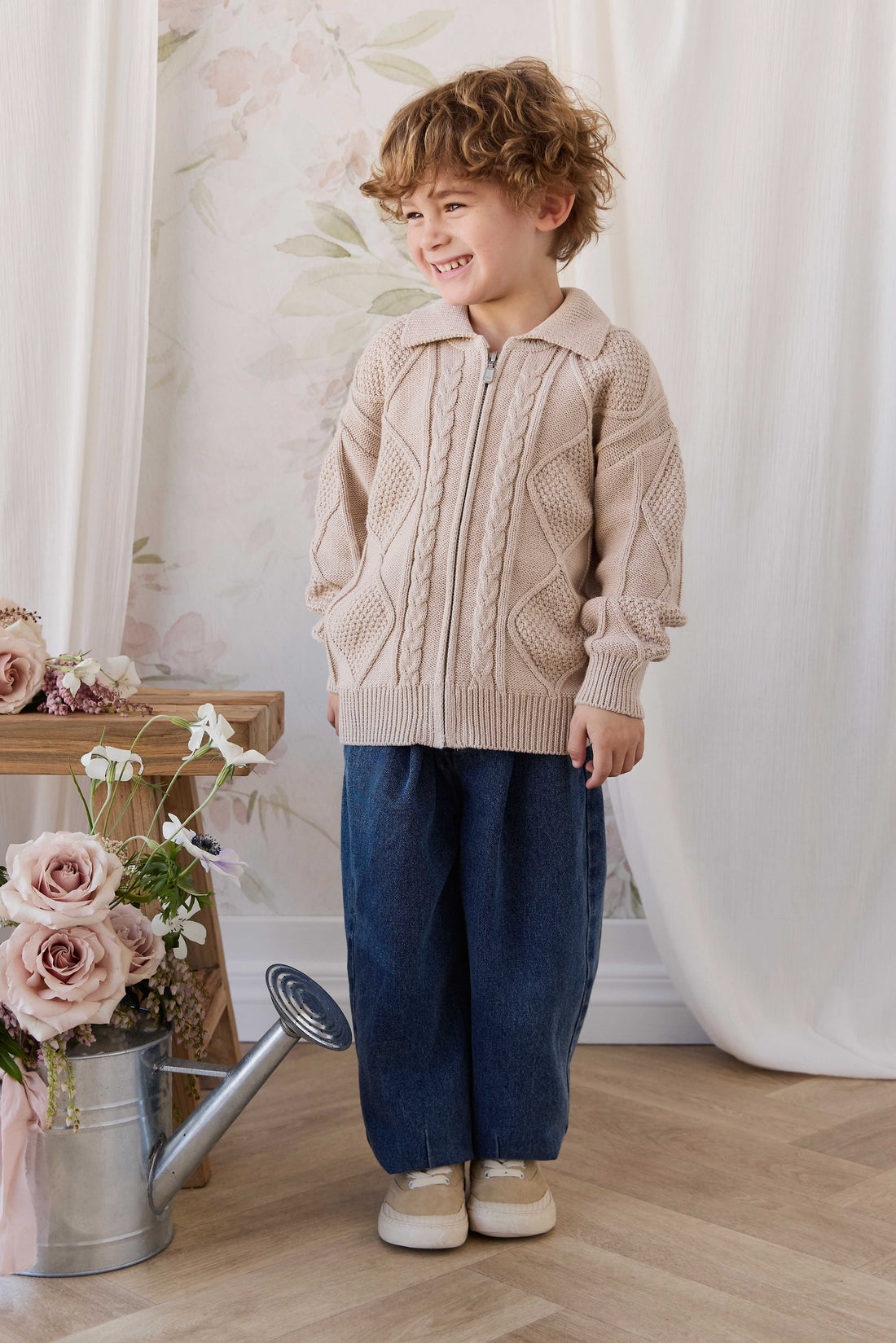 Simon Zip-Up Cardigan - Wheat Childrens Cardigan from Jamie Kay USA