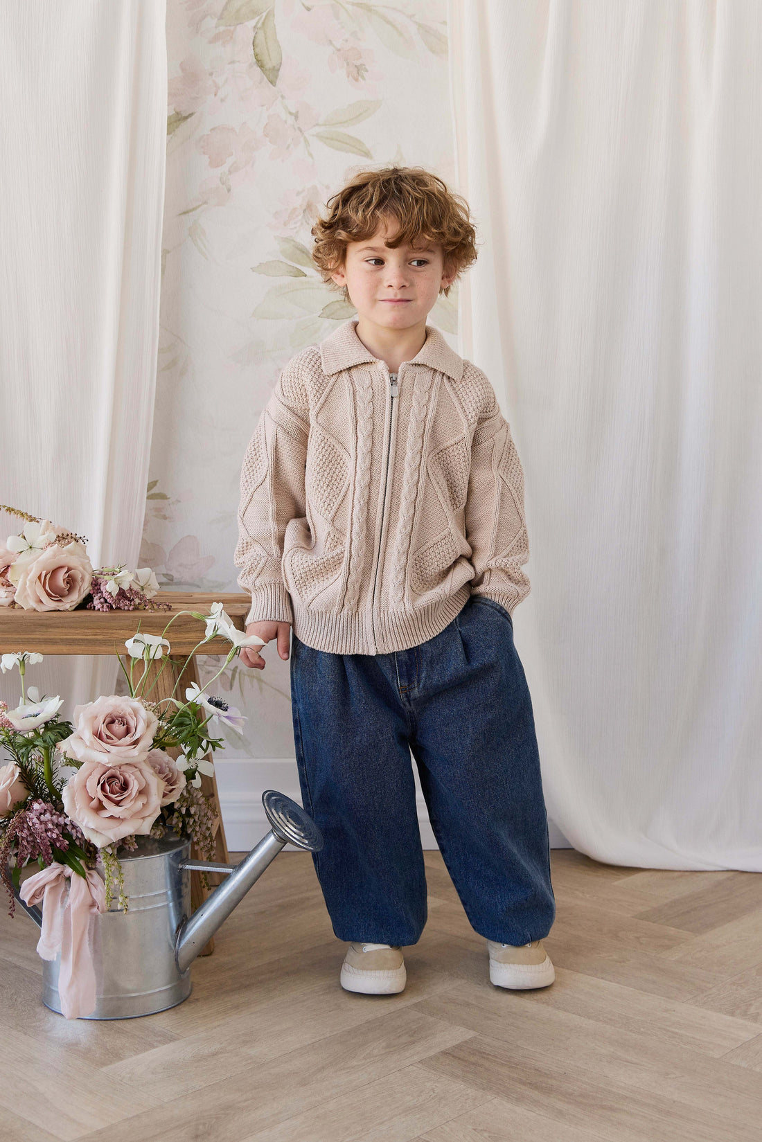 Simon Zip-Up Cardigan - Wheat Childrens Cardigan from Jamie Kay USA