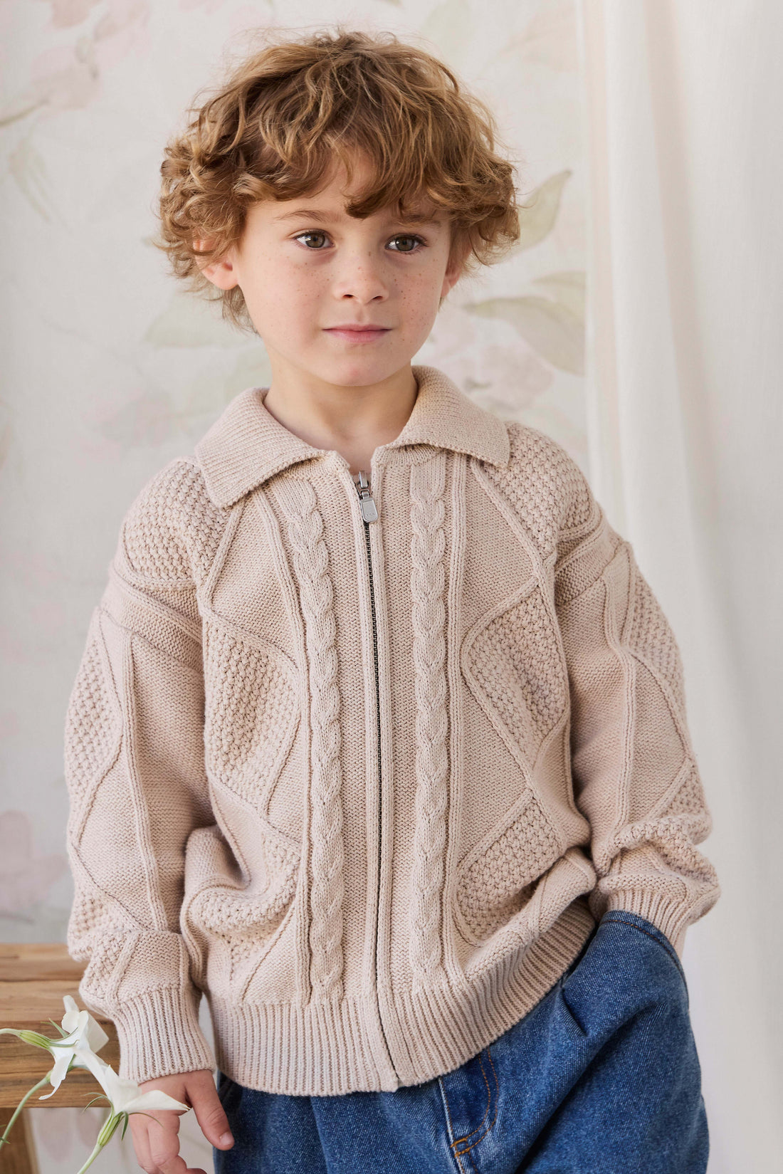 Simon Zip-Up Cardigan - Wheat Childrens Cardigan from Jamie Kay USA