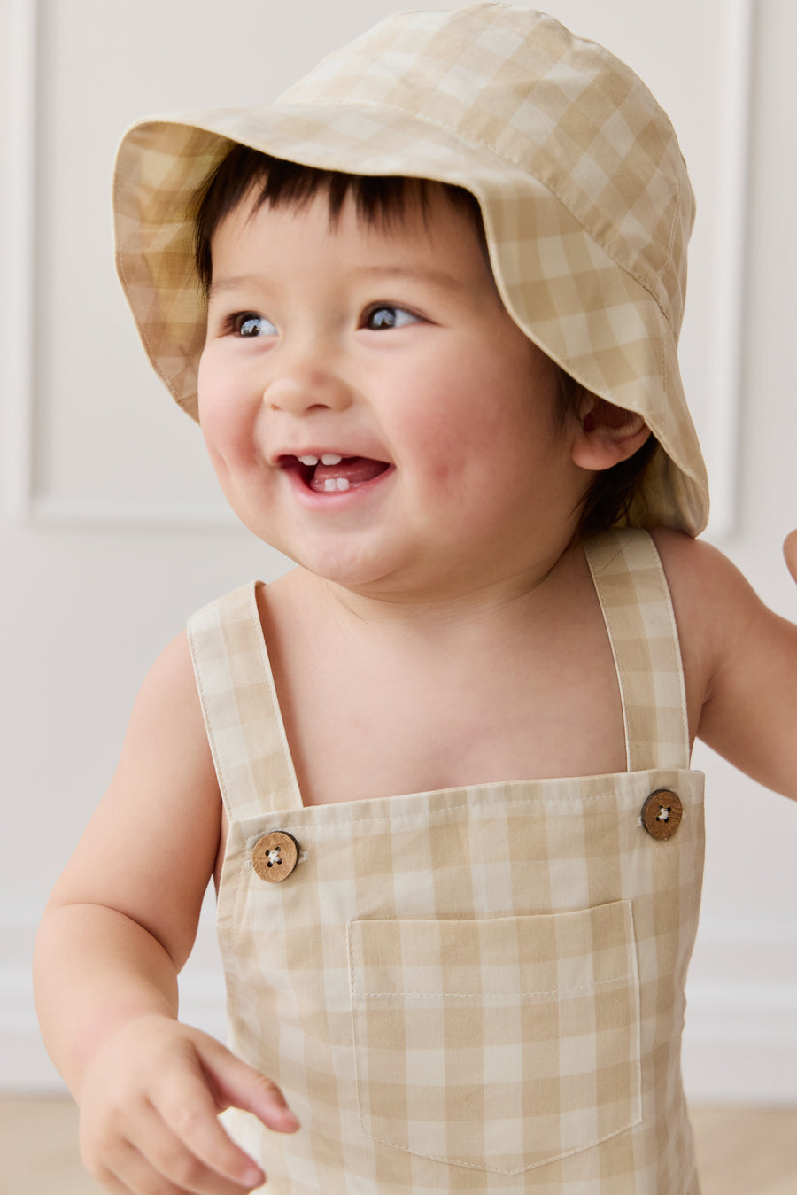 Organic Cotton Bucket Hat - Gingham Pale Khaki Childrens Hat from Jamie Kay USA
