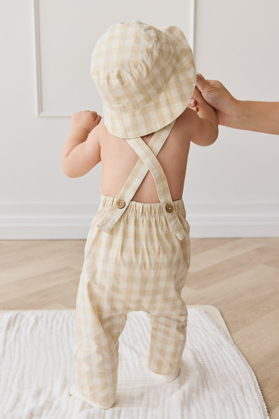 Organic Cotton Kingston Overall - Gingham Pale Khaki Childrens Overall from Jamie Kay USA