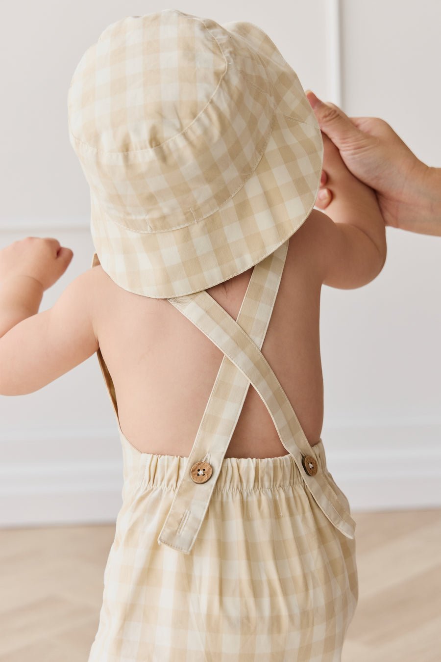 Organic Cotton Bucket Hat - Gingham Pale Khaki Childrens Hat from Jamie Kay USA