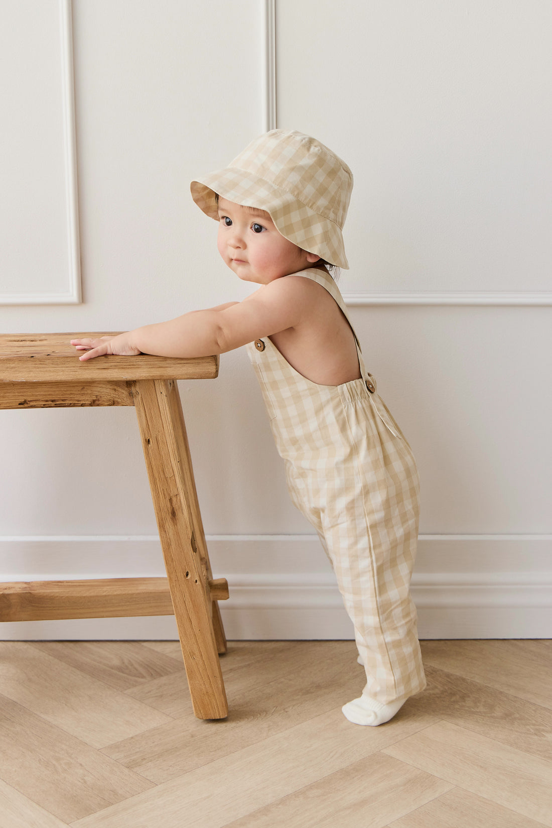 Organic Cotton Kingston Overall - Gingham Pale Khaki Childrens Overall from Jamie Kay USA