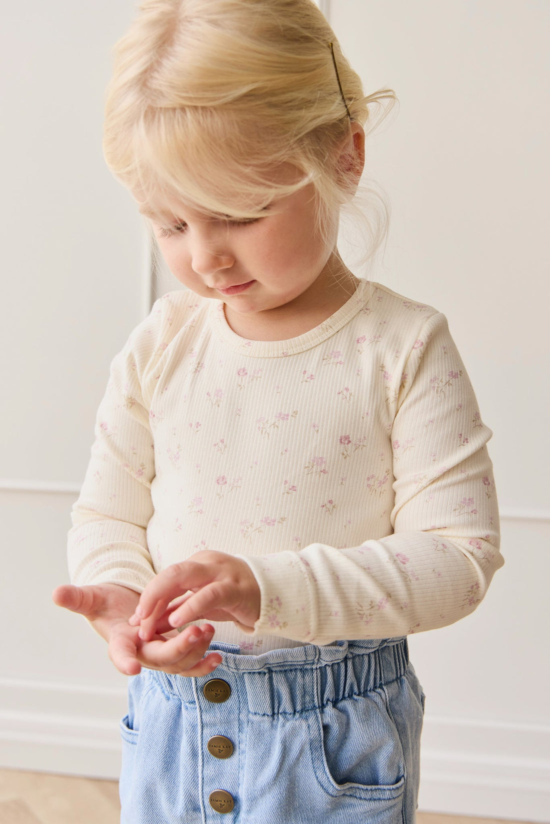 Organic Cotton Fine Rib Long Sleeve Top - Caroline Egret Childrens Top from Jamie Kay USA