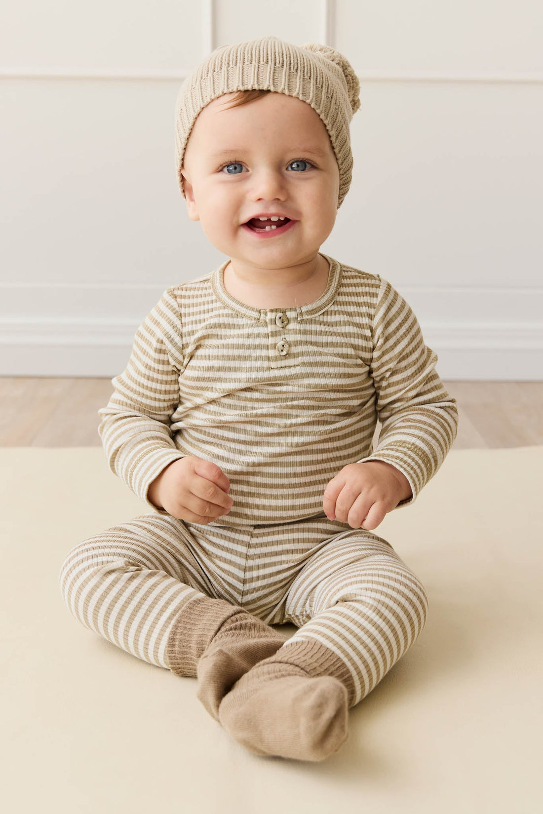 Organic Cotton Modal Legging - Narrow Stripe Balm/Cloud Childrens Legging from Jamie Kay USA