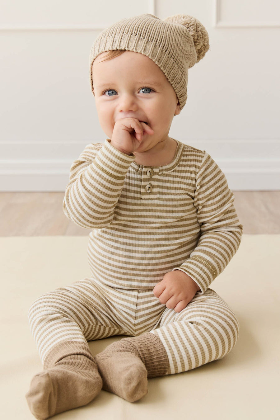 Organic Cotton Modal Legging - Narrow Stripe Balm/Cloud Childrens Legging from Jamie Kay USA