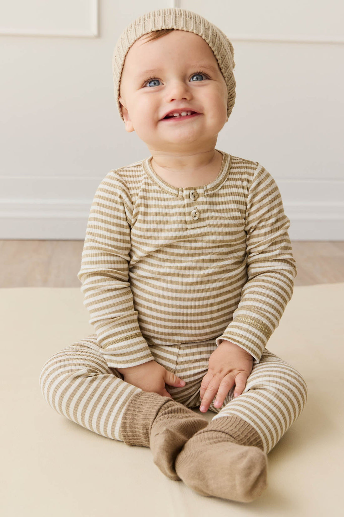 Organic Cotton Modal Long Sleeve Bodysuit - Narrow Stripe Balm/Cloud Childrens Bodysuit from Jamie Kay USA