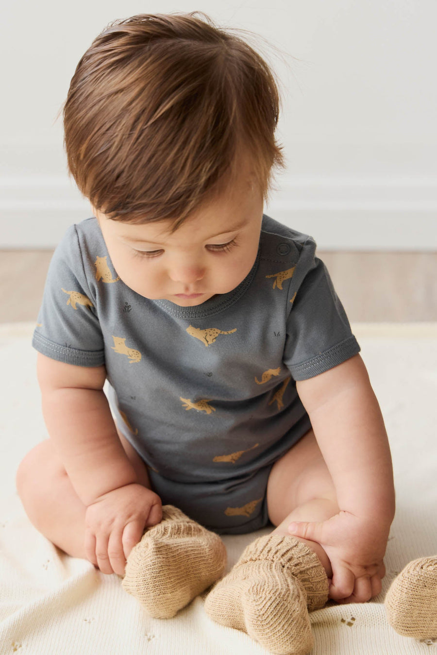 Organic Cotton Hudson Short Sleeve Bodysuit - Lenny Leopard Smoke Childrens Bodysuit from Jamie Kay USA