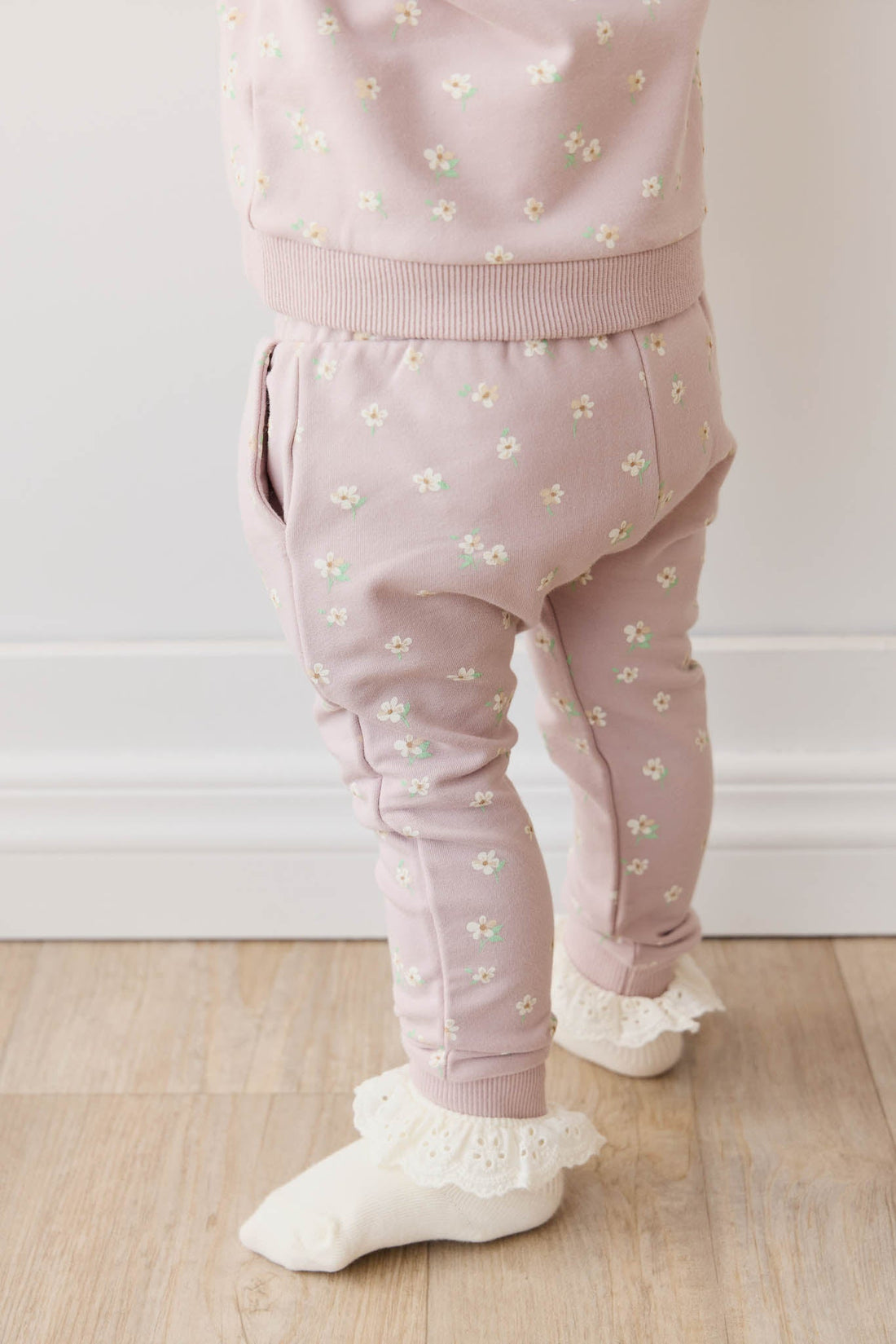 Organic Cotton Morgan Track Pant - Simple Flowers Lilac Childrens Pant from Jamie Kay USA