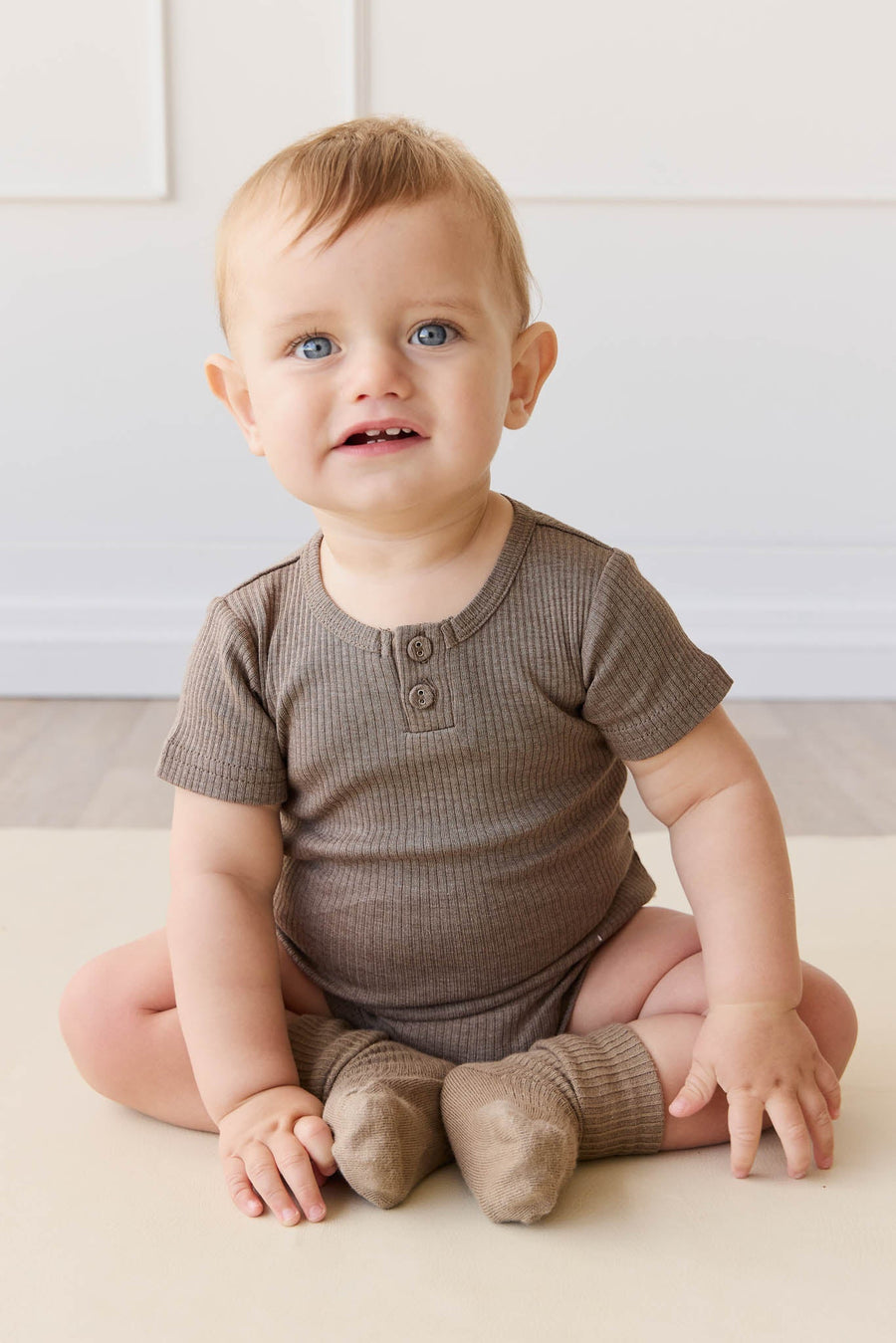 Organic Cotton Modal Darcy Rib Tee Bodysuit - Brownie Marle Childrens Bodysuit from Jamie Kay USA