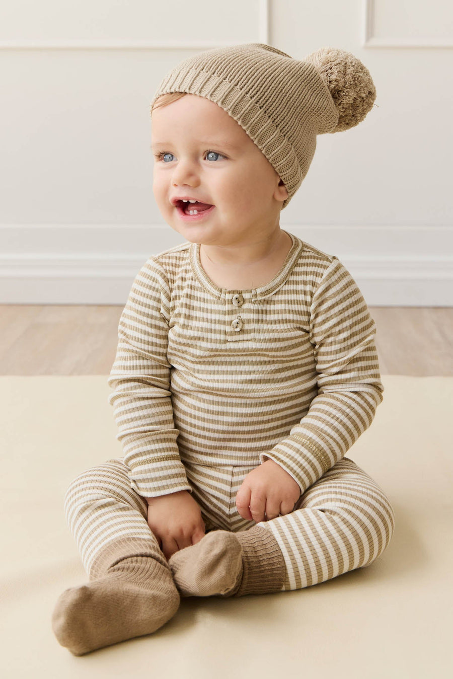 Organic Cotton Modal Long Sleeve Bodysuit - Narrow Stripe Balm/Cloud Childrens Bodysuit from Jamie Kay USA