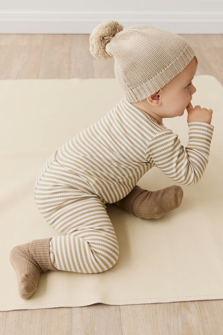 Organic Cotton Modal Long Sleeve Bodysuit - Narrow Stripe Balm/Cloud Childrens Bodysuit from Jamie Kay USA