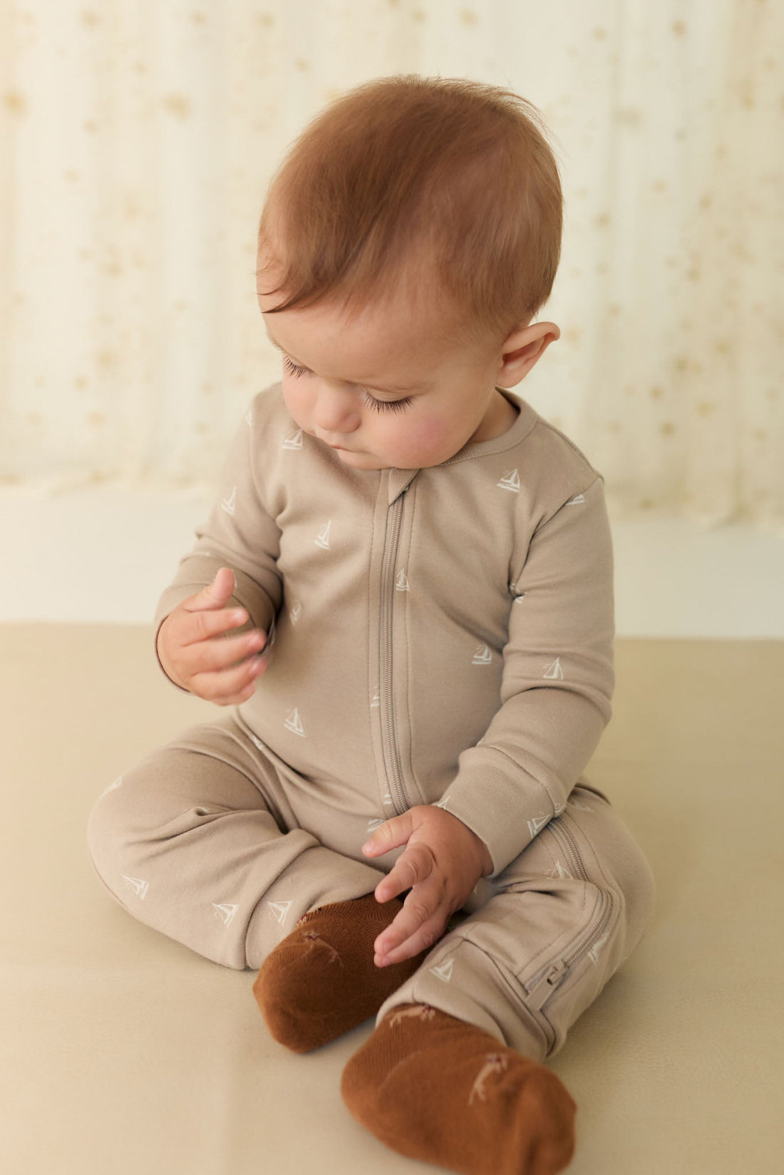 Organic Cotton Reese Zip Onepiece - Set Sail Vintage Taupe Childrens Onepiece from Jamie Kay USA