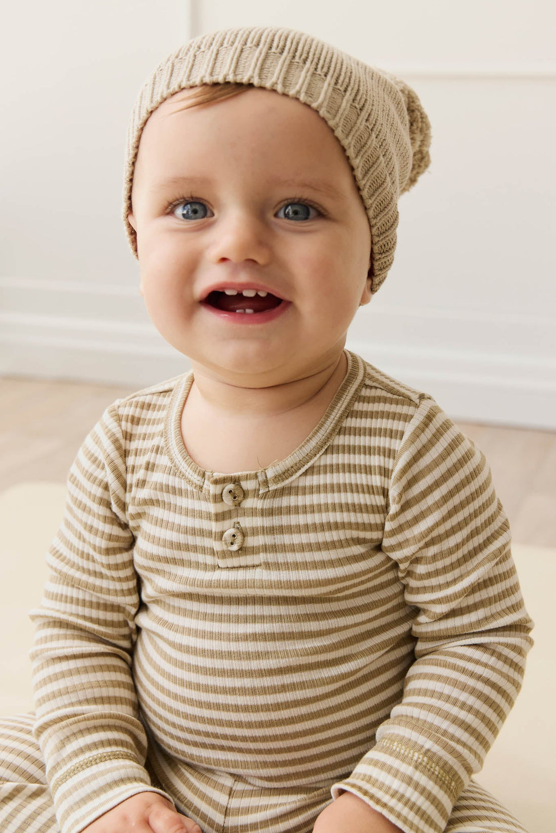 Organic Cotton Modal Long Sleeve Bodysuit - Narrow Stripe Balm/Cloud Childrens Bodysuit from Jamie Kay USA