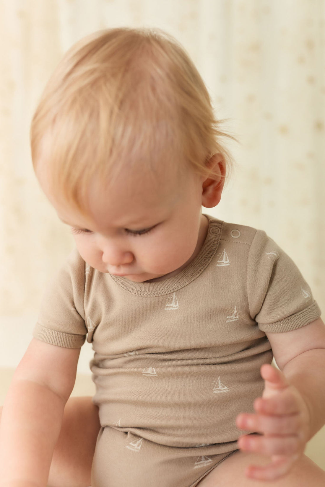 Organic Cotton Hudson Short Sleeve Bodysuit - Set Sail Vintage Taupe Childrens Bodysuit from Jamie Kay USA