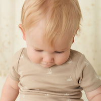 Organic Cotton Hudson Short Sleeve Bodysuit - Set Sail Vintage Taupe Childrens Bodysuit from Jamie Kay USA