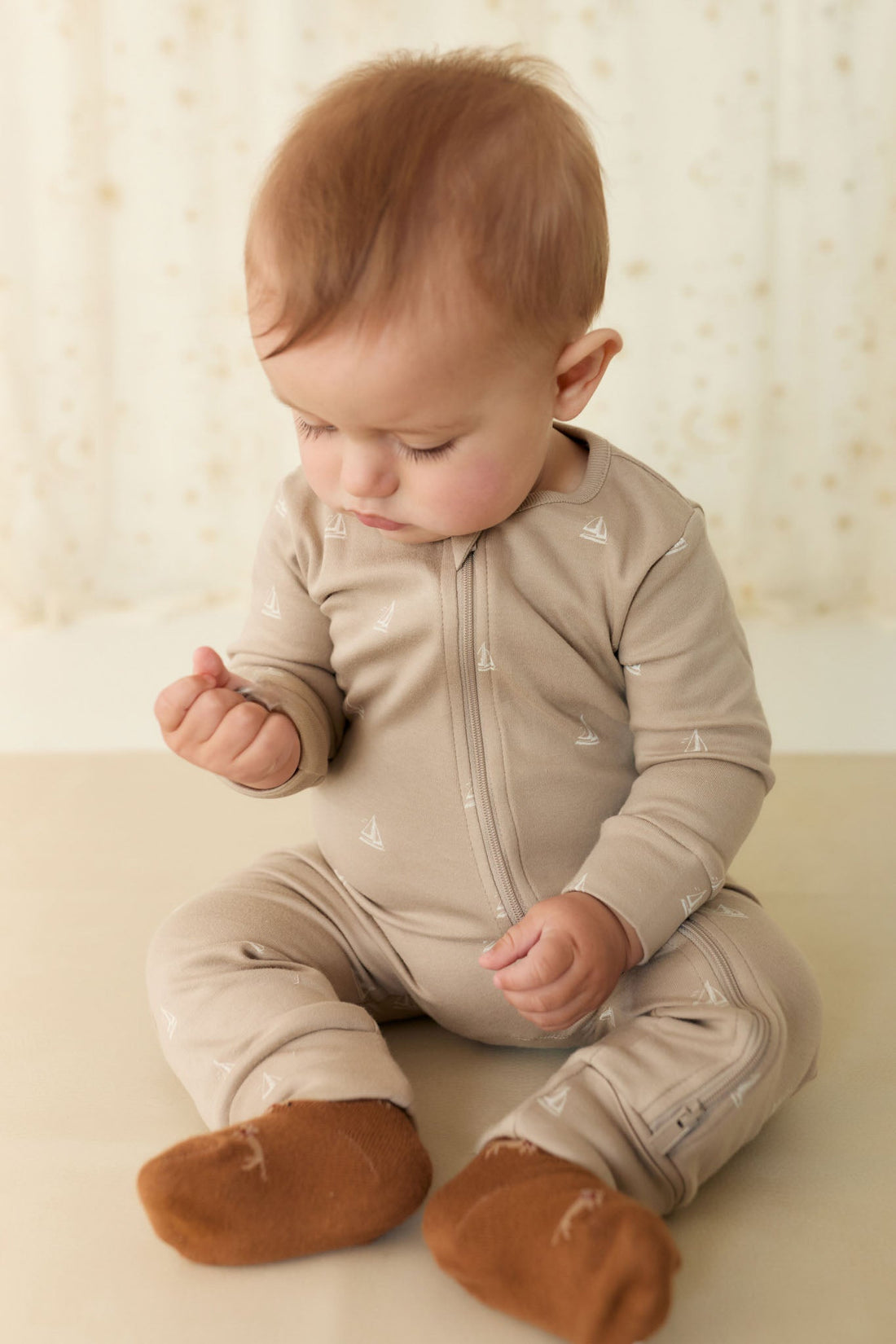 Organic Cotton Reese Zip Onepiece - Set Sail Vintage Taupe Childrens Onepiece from Jamie Kay USA