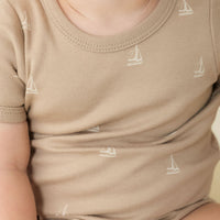 Organic Cotton Hudson Short Sleeve Bodysuit - Set Sail Vintage Taupe Childrens Bodysuit from Jamie Kay USA