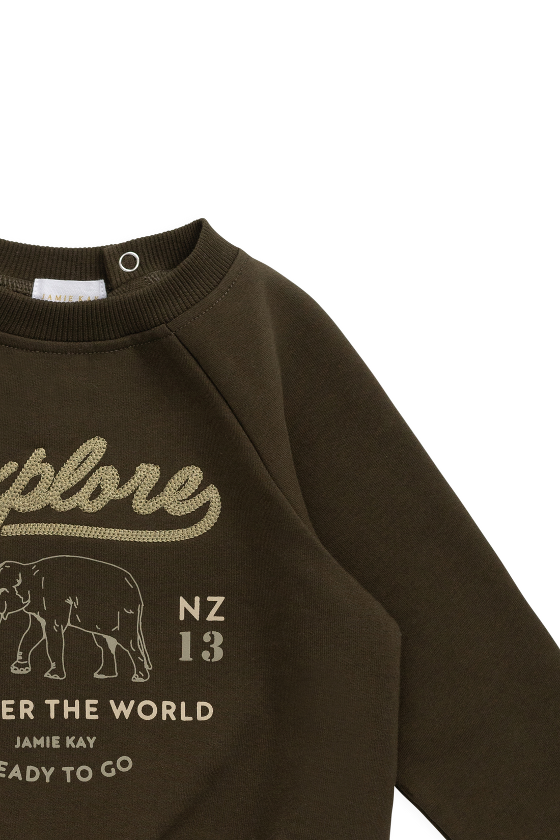 Organic Cotton Duncan Sweatshirt - Deep Olive Elephant Explore Childrens Sweatshirt from Jamie Kay USA