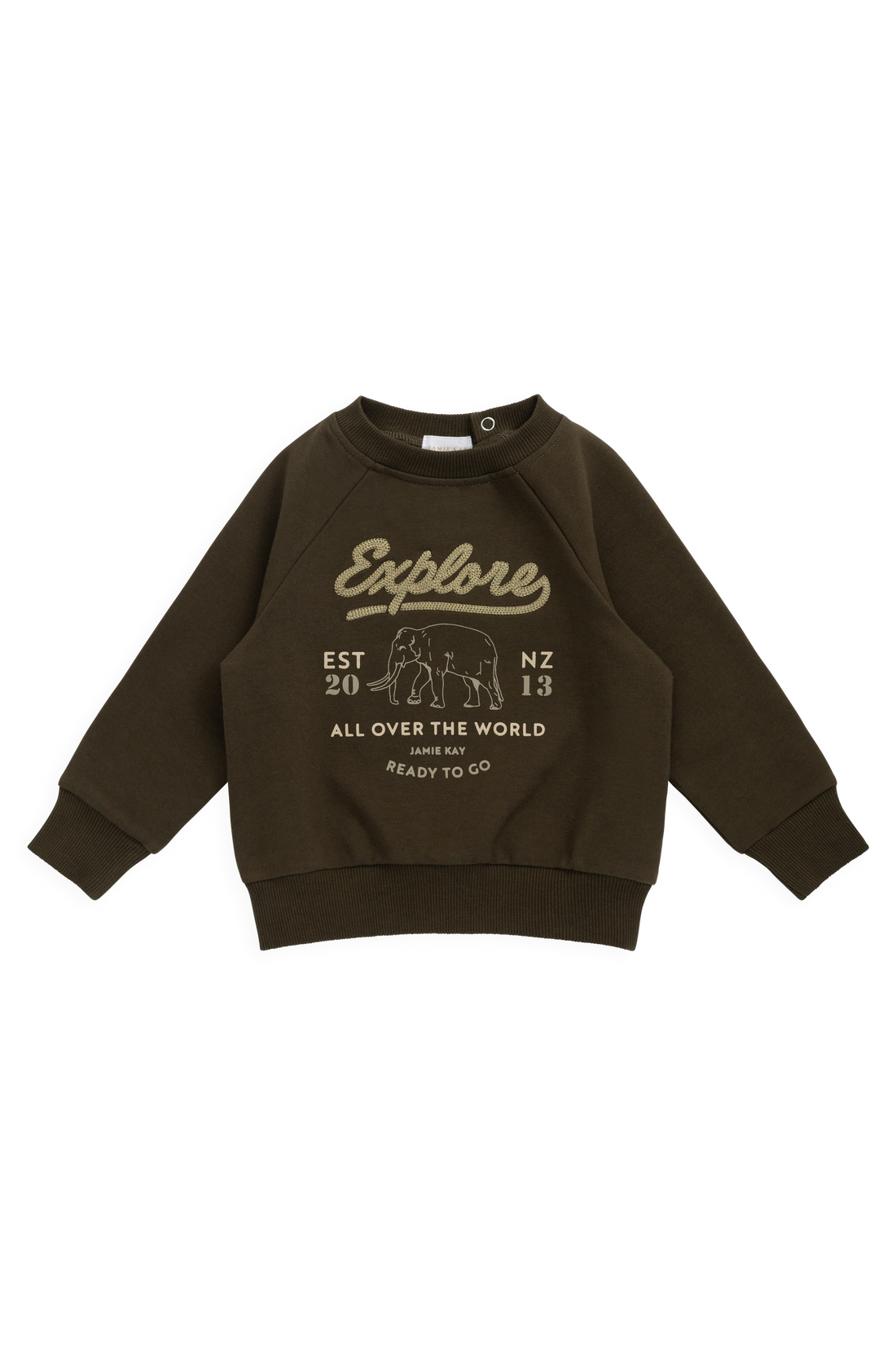 Organic Cotton Duncan Sweatshirt - Deep Olive Elephant Explore Childrens Sweatshirt from Jamie Kay USA