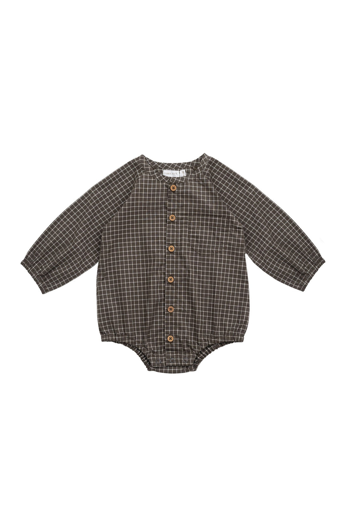Organic Cotton Ellis Playsuit - Coffee Grid Childrens Playsuit from Jamie Kay USA