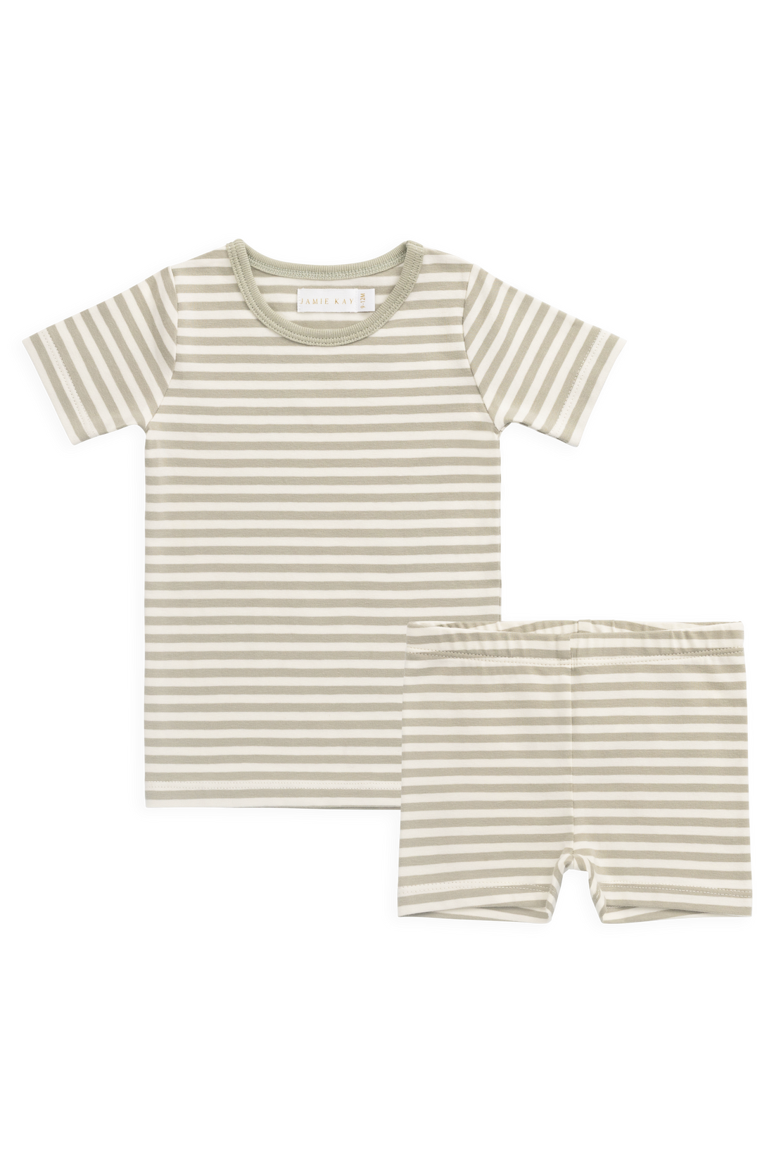 Organic Cotton Halston Short Sleeve Pyjama Set - Narrow Stripe Lichen/Cloud Childrens Pyjamas from Jamie Kay USA