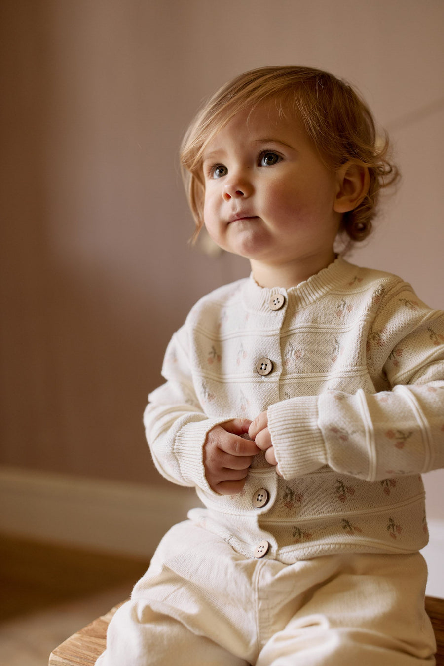 Melody Knitted Cardigan - Cherry Love Jacquard Egret Childrens Cardigan from Jamie Kay USA