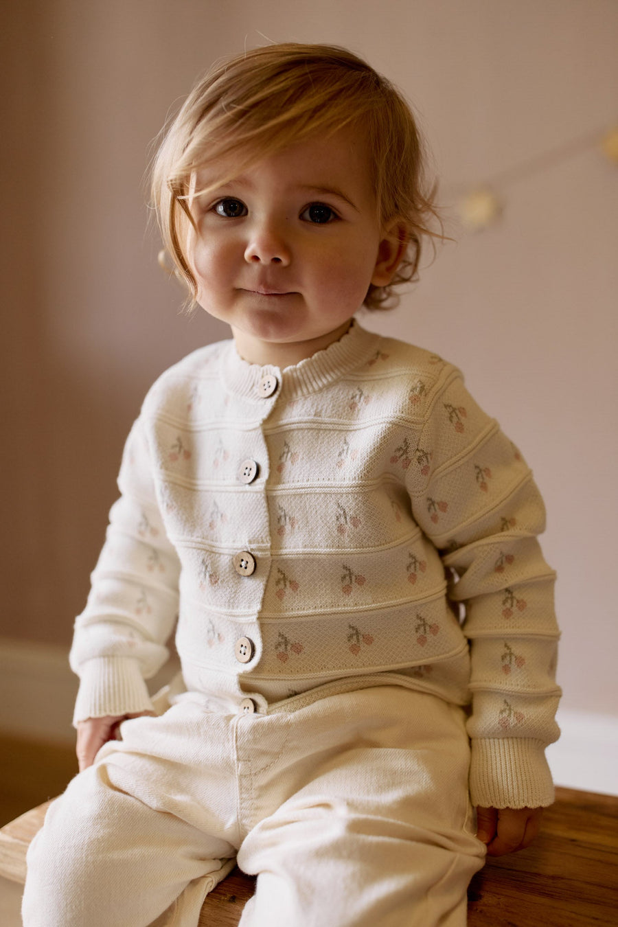 Melody Knitted Cardigan - Cherry Love Jacquard Egret Childrens Cardigan from Jamie Kay USA